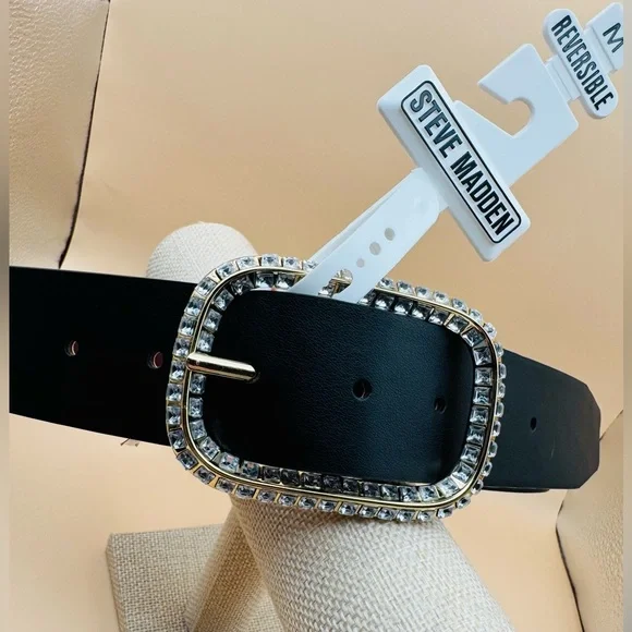 Steve Madden Reversible Vegan Leather Belt Black Burgundy Rhinestone Buckle Med. - Picture 5 of 12